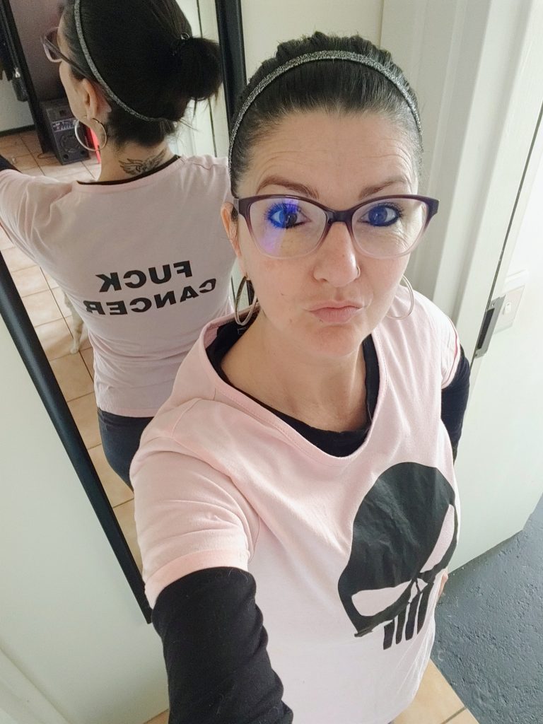 Me in my fuck cancer pink tshirt with the punisher on the front