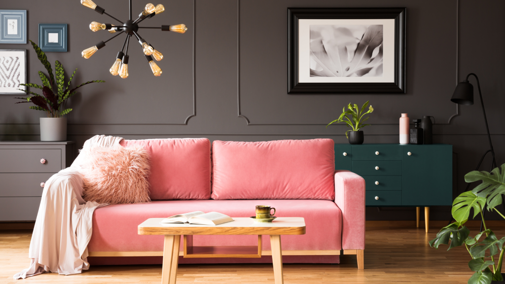 Pink couch in scene set for the story